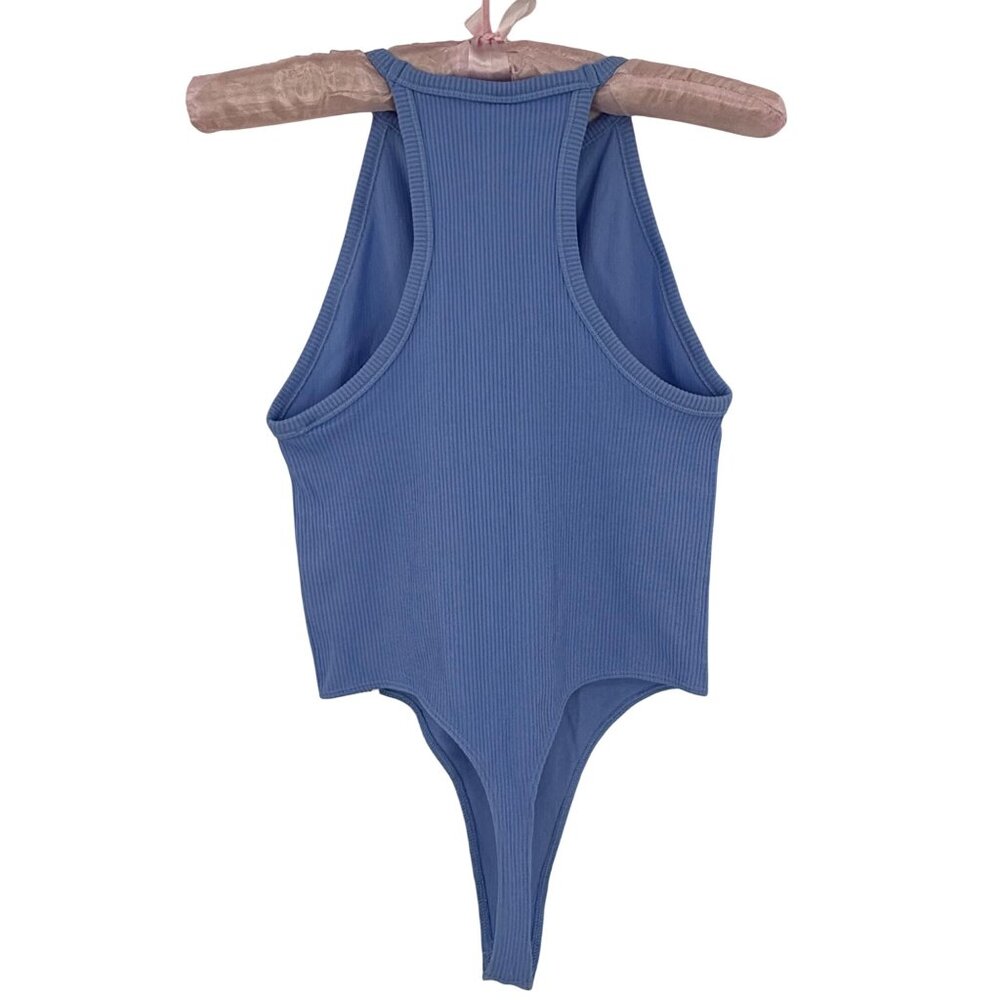 NWT UO Blue Ribbed Bodysuit XS/S High Neck V-Slit Thong • Modern Minimalist Y2K - Picture 3 of 16